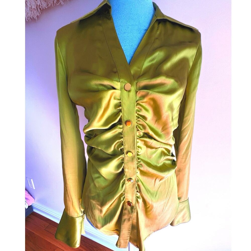 Cache Silk Ruched Button Down Blouse Olive Green Satin Long Sleeve Top S